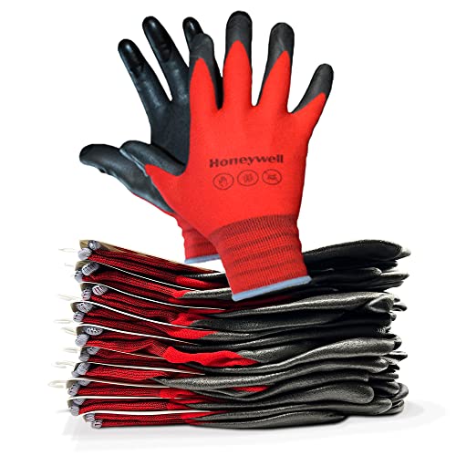 Honeywell Gloves 10 pairs Reusable Touchscreen Nylon Gloves for Smartphones, Tablet Computers and other Touchscreen devices. Foamed PVC Palm Coated , Safety Work Gloves, (Medium)